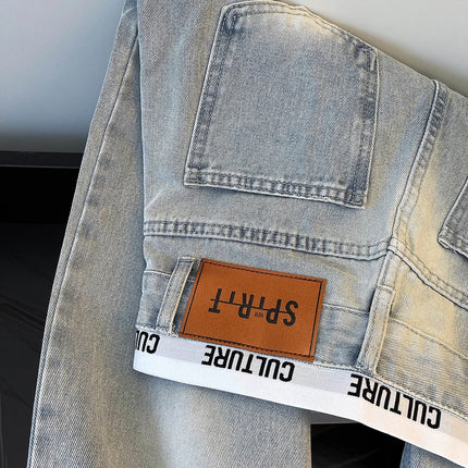 Jeans Vintage Americani Strappati e Patchwork per Donna, Blu Chiaro, Vita Alta, Gamba Larga, Pantaloni in Denim per Primavera e Autunno