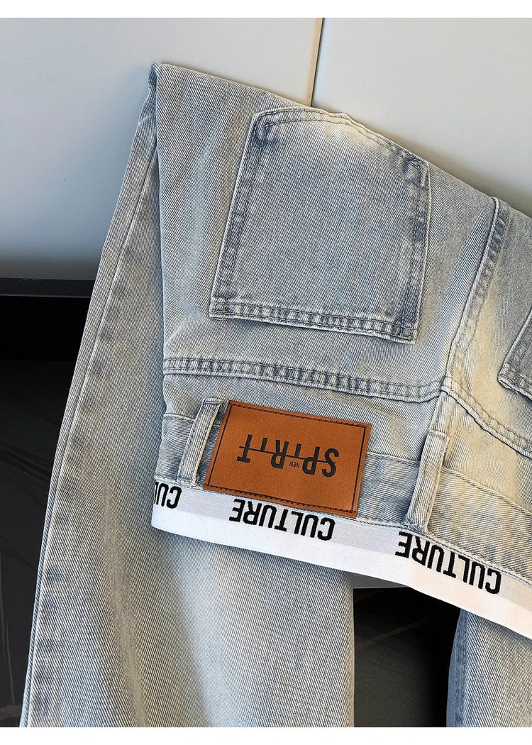 Jeans Vintage Americani Strappati e Patchwork per Donna, Blu Chiaro, Vita Alta, Gamba Larga, Pantaloni in Denim per Primavera e Autunno