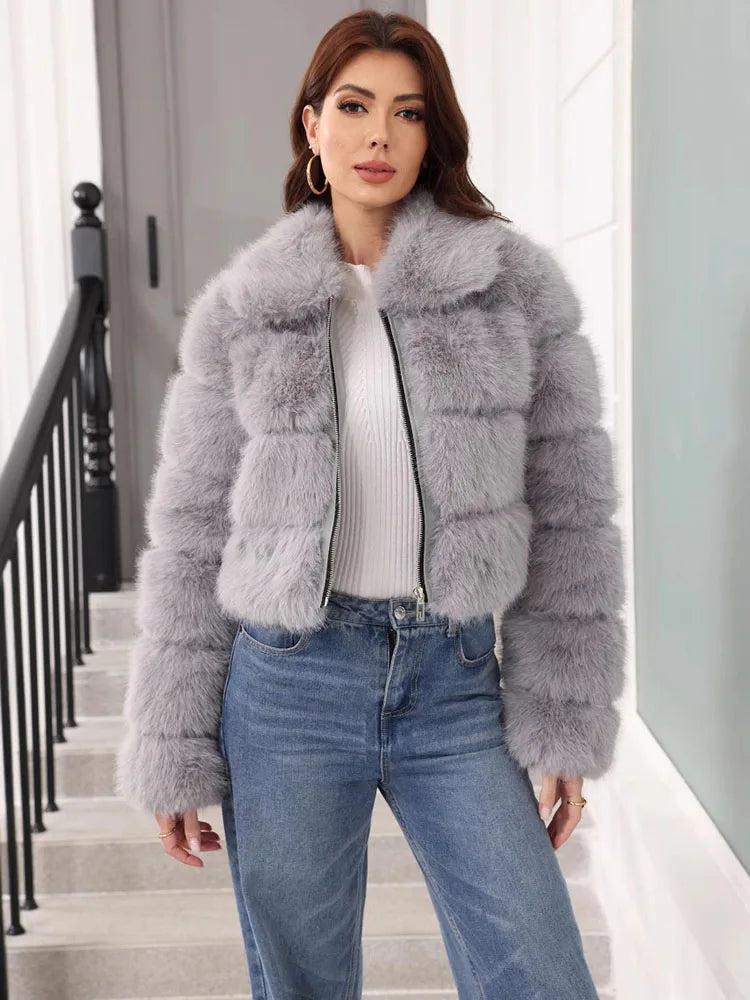 ZADORIN 2025 Chic Winter Fur Coats Woman Spliced Cropped Fluffy Faux Fur Jacket Woman Lapel Zipper Fox Fur Faux Coat Y2K Clothes