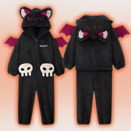 Cartoon Devil Pajamas Couples Women Men Onesie Sleepwear Winter Thicken Hooded Loungewear Coral Fleece Homewear Pijama Disfraz