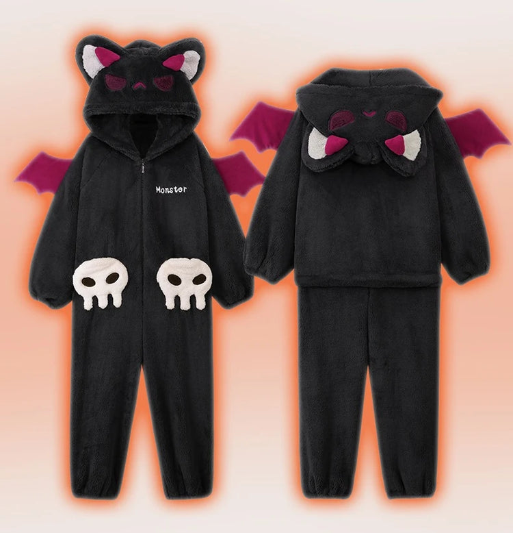 Cartoon Devil Pajamas Couples Women Men Onesie Sleepwear Winter Thicken Hooded Loungewear Coral Fleece Homewear Pijama Disfraz
