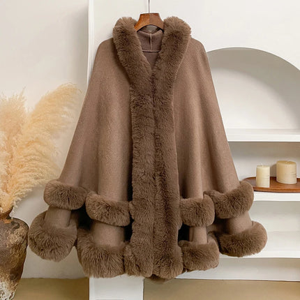 Luxury Women Faux Fur Trim Cape Coat Loose Batwing Poncho Shawl Fuzzy Fur Edge Warm Winter Outerwear Party Street Lady Coats