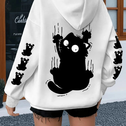 Women Oversized Hoodie Cute Scratch Black Cat Dual Sleeve Print Pullover Sweatshirt Autumn Winter Harajuku Casual Street Tops