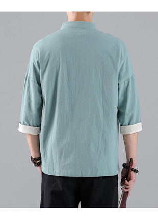 Camicie in Stile Cinese per Uomo, Top Tradizionale Tang in Lino a Mezza Manica, Camicia Kung Fu Hanfu Vintage Casual, Taglie Grandi fino a 5XL