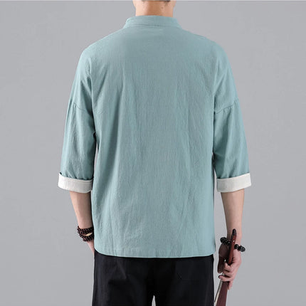 Camicie in Stile Cinese per Uomo, Top Tradizionale Tang in Lino a Mezza Manica, Camicia Kung Fu Hanfu Vintage Casual, Taglie Grandi fino a 5XL