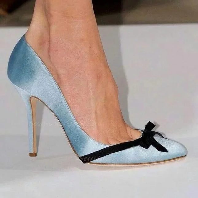 Blue satin décolleté with pointed toe and black bow Decor Stiletto heels Summer fashion Women's dress Classic casual sandals Rubber sole