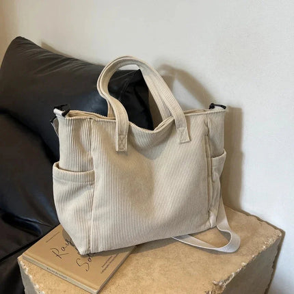 Women Corduroy Tote Bag Casual Multi Pocket Handbag Adjustable Strap Crossbody Sling Bag Zipper Shoulder Bag Fall Winter Bag PlatiNum