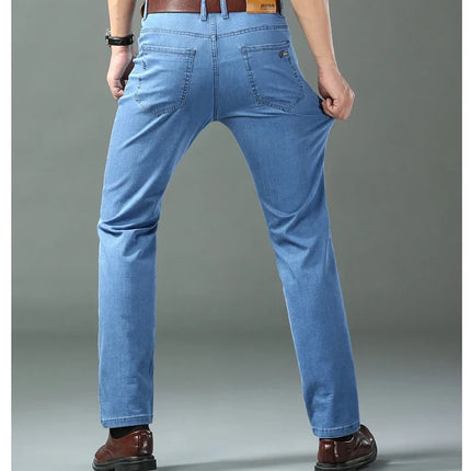 New Ice Silk Thin Denim Jeans for Men Blue Straight Stretch Cotton Denim Pant Business Casual Lightweight Trousers Spring Summer