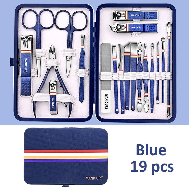 19Pcs Stainless Steel Manicure Set Portable Nail Clipper Kit with Foldable Storage Bag Nail Cutters Scissors Beauty Grooming Tools