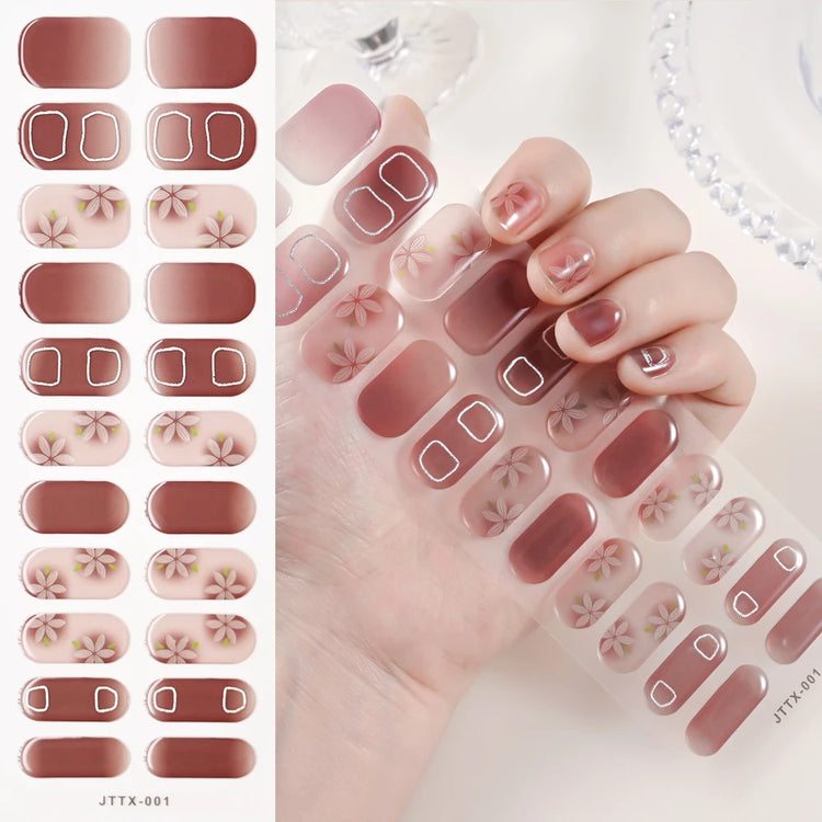 1Sheet Cured Gel Nail Strips Sticker Long-Lasting Nail Polish Strips Wraps Full Cover Gel Nail Art Stickers UV/LED Lamp Required