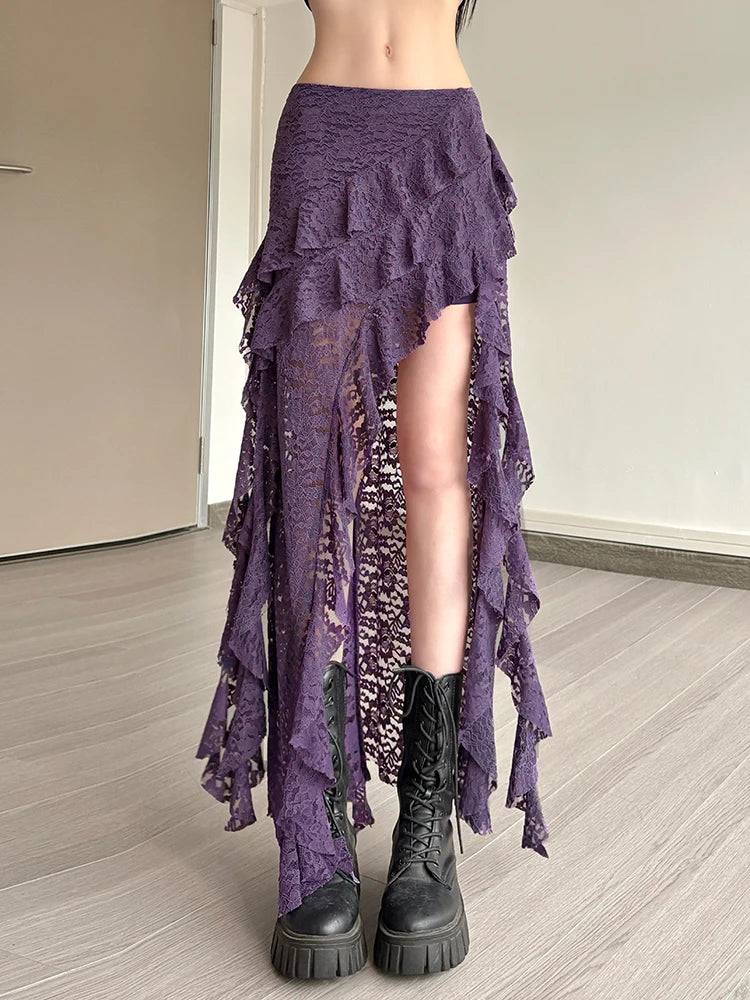 Nibber Nappe Gonne da donna Orlo irregolare Increspature multistrato Patchwork di pizzo Dolce tendenza estiva Pantaloni skinny versatili quotidiani