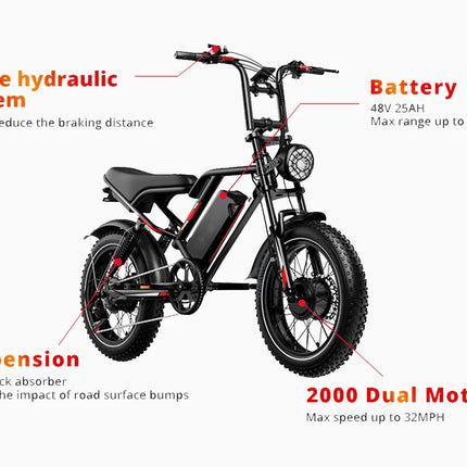 Bicicletta elettrica HiQiS S8 con motore da 25 km/h, 48V 25AH, doppia sospensione, pneumatici fat da 20 pollici, lunga autonomia di 50 km, e-bike per adulti