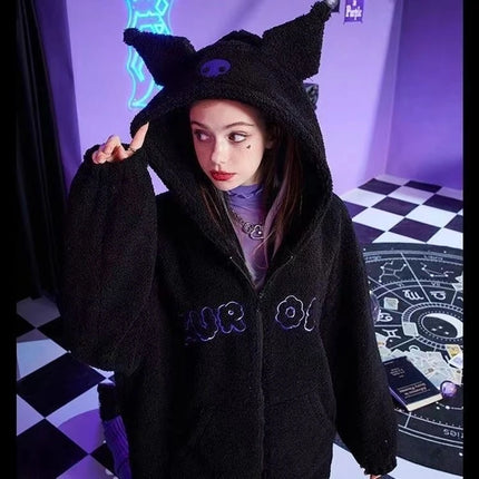 Sanrio Anime Kuromi Clothes Women Black Embroidery Hoodies Y2k Tops Autumn Winter Thin Coat Female Fashion Loose Sweatshirt