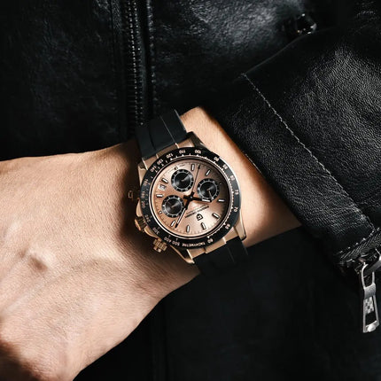 PAGANI DESIGN Cronografo da uomo Orologio da polso al quarzo di lusso in oro rosa 40mm Quadrante blu ghiaccio Vetro zaffiro 100M Impermeabile Cinturino in caucciù Orologio sportivo da uomo per uomo Reloj Hombre+GIFT BOX