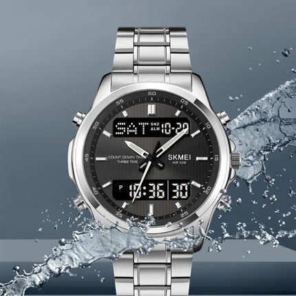 Skmei orologio da polso analogico al quarzo da uomo cinturino in acciaio inossidabile di lusso Led impermeabile digitale sportivo sveglia a tre fusi orari platinumshop