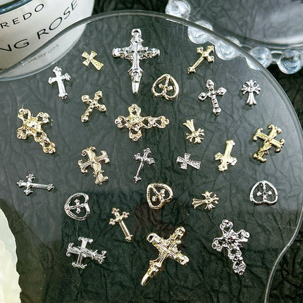 30PCS Multiple Style Shiny Alloy Cross Nail Art Charms 3D Retro Creative Heart Cross Nail Decorations for DIY Y2K Nails Designs