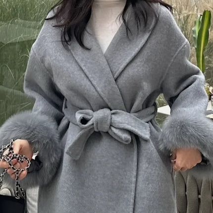 Women Grey Fur Splicing Woolen Coat Casual Belt Full Sleeve Lapel Loose Cardigan Outwear 2025 Lady Winter New Highstreet Jacket