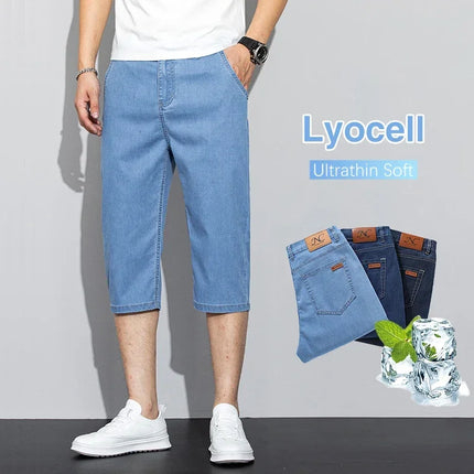 Pantaloncini jeans da uomo estivi sottili in Lyocell Blu Grigio Stile classico Elasticità Pantaloncini di jeans casual da lavoro leggeri e dritti da uomo