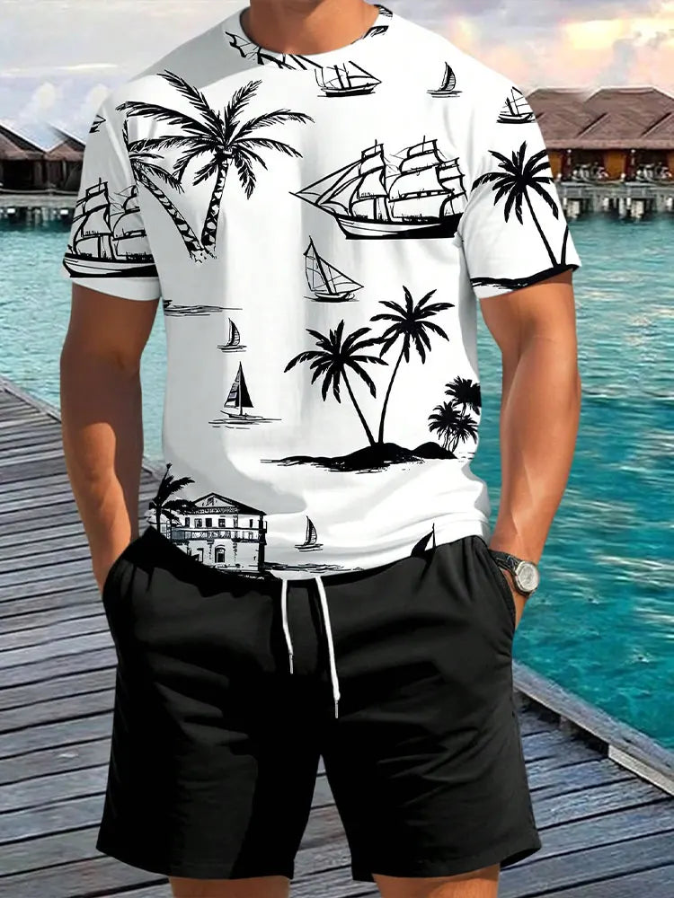 Pantaloncini a maniche corte da uomo con stampa sfumata Set Set di moda da uomo hawaiano T-shirt casual da uomo estiva Pantaloncini da uomo da spiaggia all'aperto