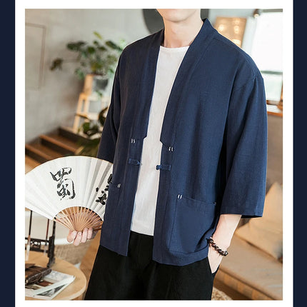 Kimono Camicia da uomo Samurai giapponese Cardigan tinta unita retrò Stile cinese Cotone Lino Yukata Haori Cappotto da uomo allentato Streetwear