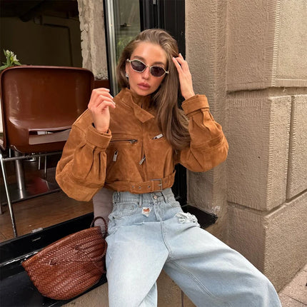 Brown Suede Leather Short Coats Women Solid Stand Collar Zipper Waist Belted Cropped Jackets 2026 Lady Autumn Y2k Casual Outwear