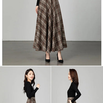 New Women Thick Woolen Skirt Autumn Winter Fashion Elastic High Waist A-Line Long Plaid Skirt Elegant Easy Match Wool Skirt PlatiNum