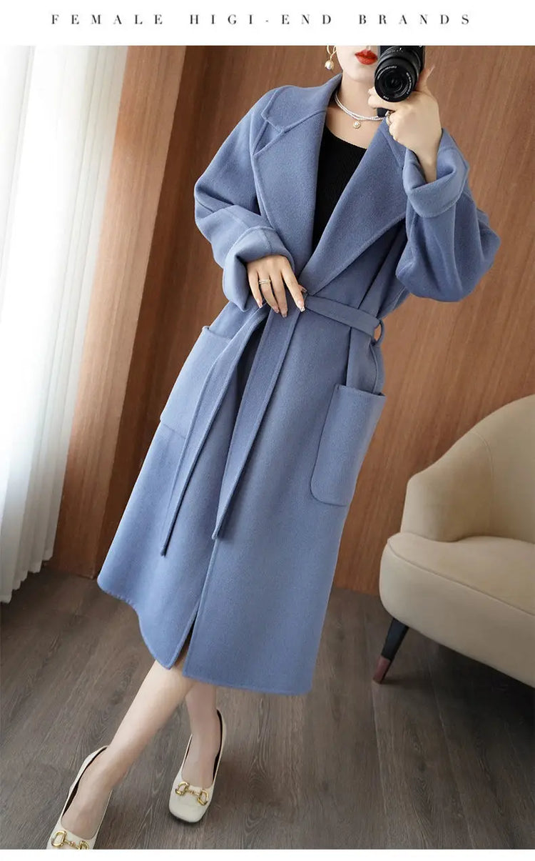 100% Wool Coat Women's Wear 2026 Autumn/Winter Fashion Temperament Double sided Cashmere Coats with Belt Elegant Long Overcoat