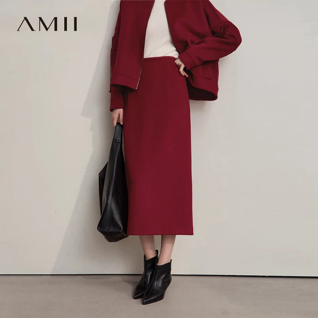 AMII Women's Skirt 2025 Winter New Minimalist Solid Color Commuter Skirts For Woman Wool Long Versatile Clothing Female 12544047 PlatiNum