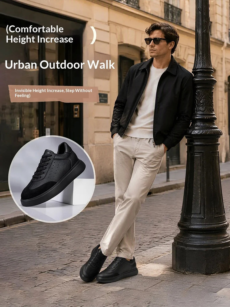 7CM Invisible Height Elevator Shoes for Men Breathable Comfort Leather Casual Sneakers Thick Platform Sole Lace Up Lift Sports