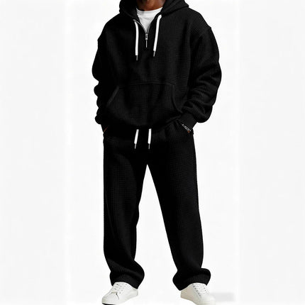 Autumn and Winter Waffle Hooded Sweatshirt Sweatpants Set 3D Printed Casual Sports Suit Men PlatiNum