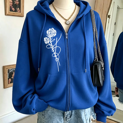 Roses And Positive Short Sentences Printing Zipper Hoodies Women Autumn Korean Hoodie Loose Pocket Sportswear Fleece Clothing