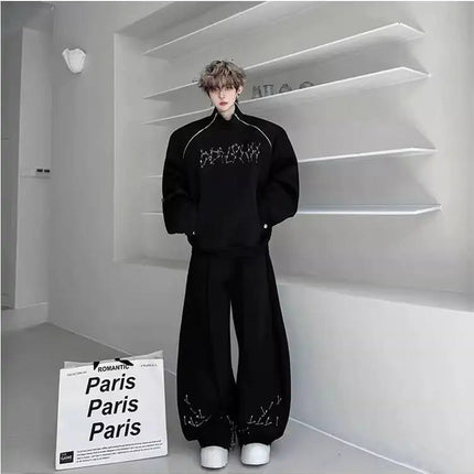 LUZHEN Fashion Street Two-piece Sets Men's Zipper Shoulder Design Long Sleeve Sweatshirt 2025 Autumn Loose Wide Leg Pants JY3912 PlatiNum
