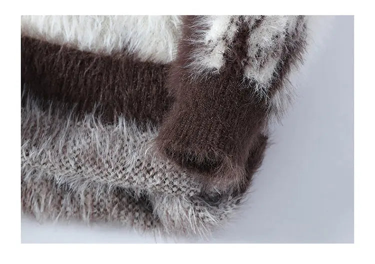 Autumn Winter Men's Casual Warm Fake mink fur Retro Knitted Sweater Round Neck Knitting Pullover Sweater