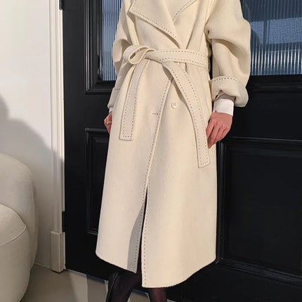 New Solid Korean Style Women Wool Coat Arch Needle Large Neck Versatile Fashion Texture Double Sided Trench Coats Female Winter