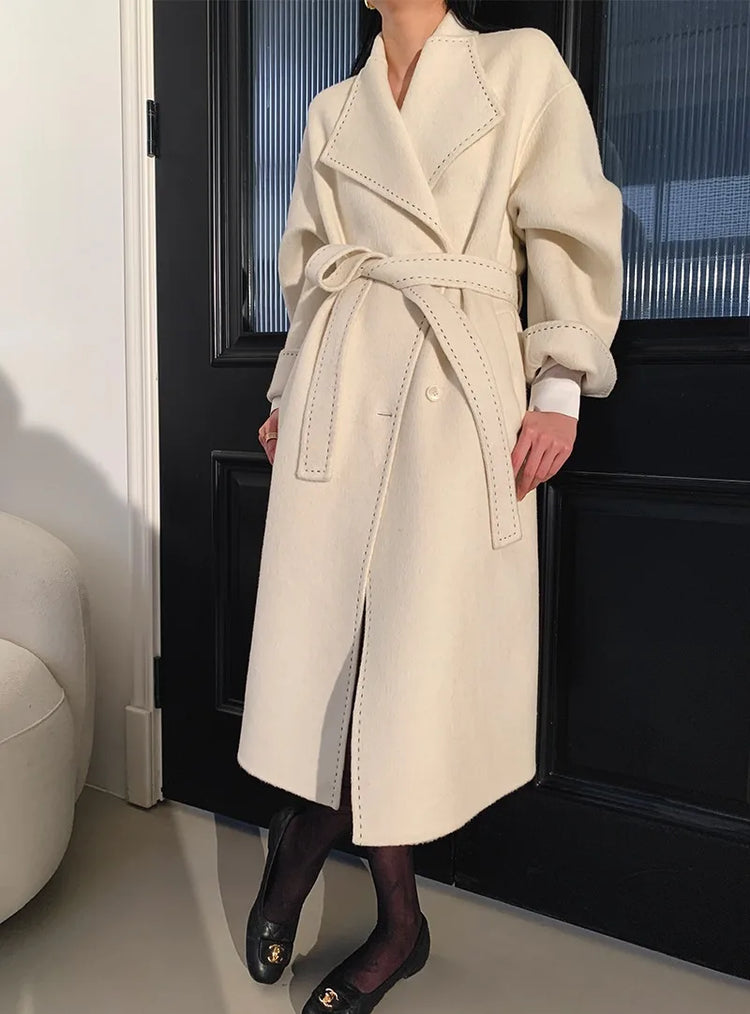 New Solid Korean Style Women Wool Coat Arch Needle Large Neck Versatile Fashion Texture Double Sided Trench Coats Female Winter