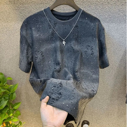 Summer Tear Men Clothing Summer Rhinestone Rivet T-shirt Round Neck Casual T-shirt Korean Version Men's Short Sleeves Tee PlatiNum