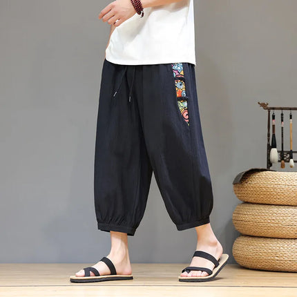 Pantaloncini estivi da uomo Pantaloni casual traspiranti in cotone Pantaloni larghi tradizionali retrò streetwear al polpaccio Pantaloncini comodi da uomo
