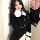 Women's Coats Advanced Sense Plush Spliced Turndown Collar Single Breasted Waist Retraction Skirt Style Woolen Coat Lady Clothes