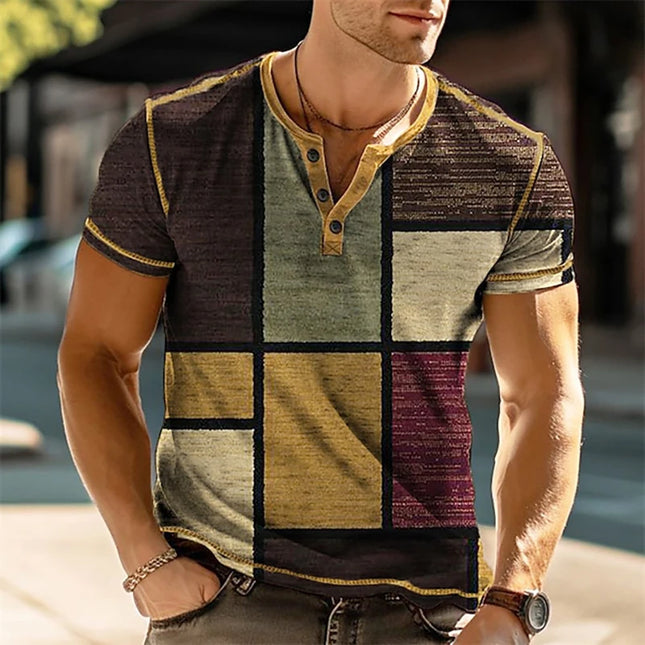 Patchwork Color Block 3D Print Vintage Henley Shirts Fashion Men's Oversized Button-Down Short Sleeve T-Shirt Tee Tops Apparel
