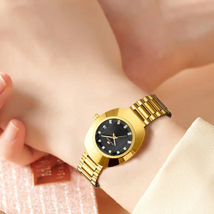 2024 nuove donne orologio ovale 34mm movimento al quarzo in acciaio inossidabile marchio di lusso acqua diamante oro nero vestito casual orologio da banchetto platinumshop