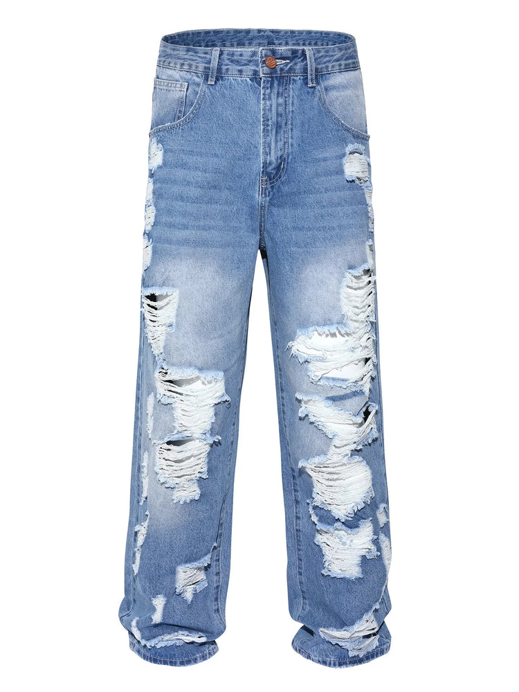 Men's Ripped Baggy Jeans Loose Fit Distressed Denim Pants Light Wash Y2K Streetwear Wide Leg Style PlatiNum