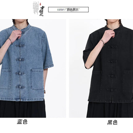 Nuove Giacche in Denim Estive Uomo/Donna Stile Cinese Vintage Lavato Camicie Personalizzate Uomo Kung Fu Casual Baggy Cotone Giacca Tang