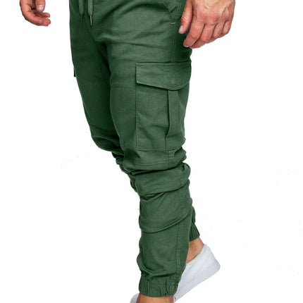 Men High Elastic Cargo Pants Summer Lace Up Drawstring Pocket Harem Stretch Full Trousers BSD-8811