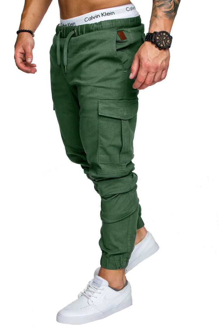 Men High Elastic Cargo Pants Summer Lace Up Drawstring Pocket Harem Stretch Full Trousers BSD-8811