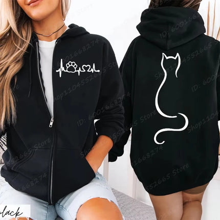 Women Zipper Hoodies Autumn Winter New Cute Cat Heatbeat Line Print Hoodies Hip Hop Streetwear Women Zip Up Jacket Coat Clothing