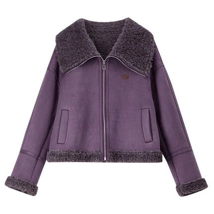 SENTUBILA Women's Faux Suede Coat Plush Lapel Zipper Faux Leather Cropped Jacket 2026 Winter Retro Ladies Outerwear W54PD5913