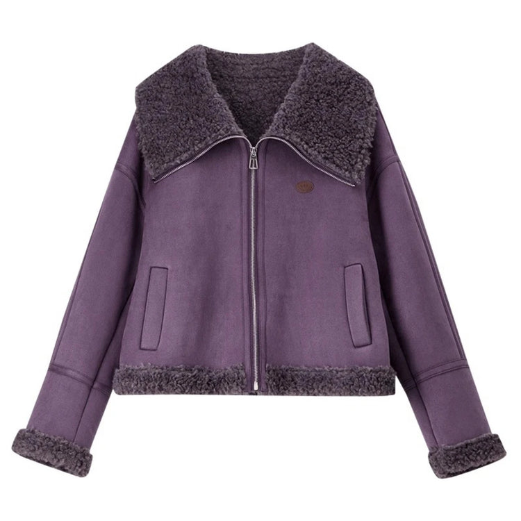 SENTUBILA Women's Faux Suede Coat Plush Lapel Zipper Faux Leather Cropped Jacket 2026 Winter Retro Ladies Outerwear W54PD5913