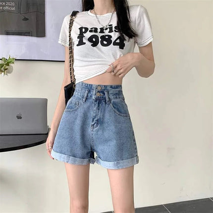 Women's summer thin denim shorts with loose fit high waist slimming effect wide legs and rolled edge hot pants for outerwear PlatiNum
