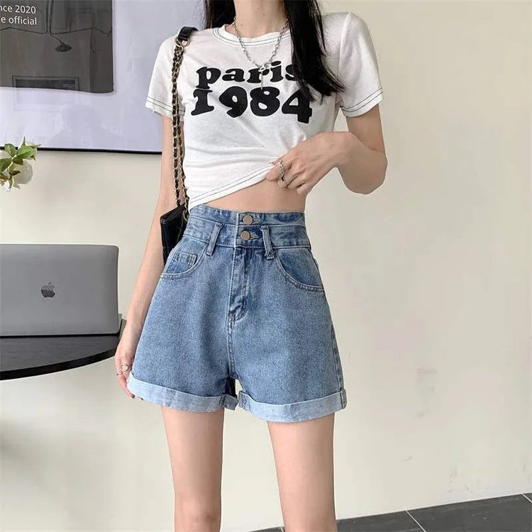 Women's summer thin denim shorts with loose fit high waist slimming effect wide legs and rolled edge hot pants for outerwear PlatiNum