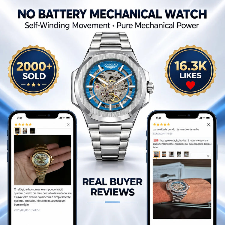 LONGLUX Men Automatic Mechanical Watch Luxury Watches Waterproof Skeleton Business Cheap Wholesale Stainless Steel Gift Watch